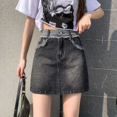 批发实拍 夏季新款显瘦A字复古高腰半身群包臀<b class='q'>牛仔</b>短裙