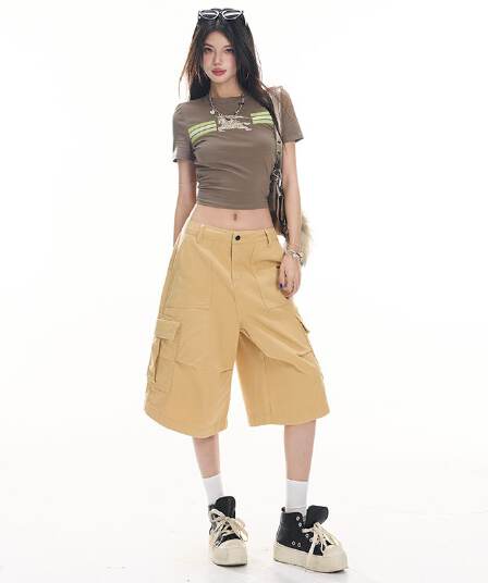 실사 여름 드레스 새로운 핫걸 바람 패션 7부 바지 워크웨어 팬츠 캐주얼 바지 여성 의류 반바지 청바지 여성