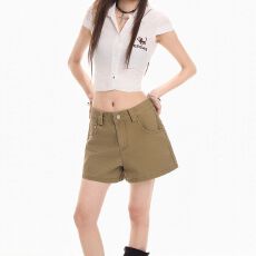 批发实拍 卡其色短裤休闲裤女高腰阔腿裤韩系宽松中裤通勤裤子