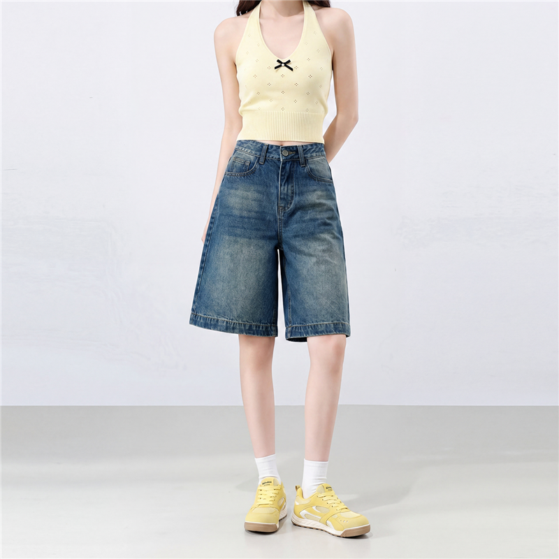 실사 5 점 청바지 여성 빛 럭셔리 바람 레트로 무거운 작업 워시 물 여름 루즈핏 스트레이트 마 오래된 데님 바지