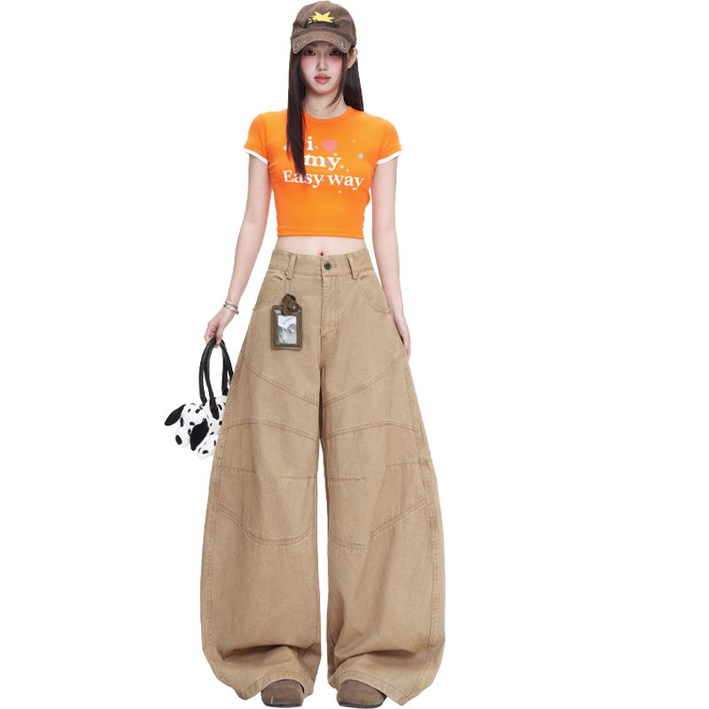 실사 카키 색 프로필 모양 해체 3 차원 루즈핏 캐주얼 모통이 칼 바지 마 오래된 워싱 면 워크웨어 팬츠 여성