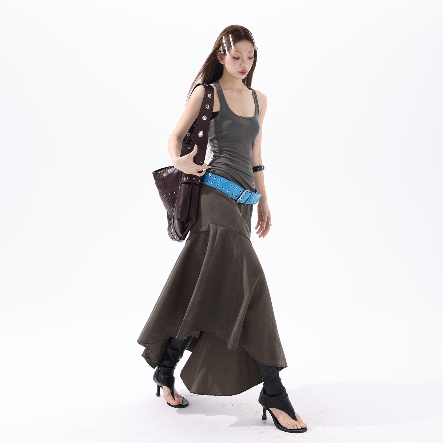 실사 봄 여름 신제품 차가운 바람의 소리 일상 미니멀리즘 휴가 분위기 자유 센스 불규칙 여름 녹색 반 스커트