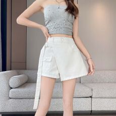 批发实拍 白色牛仔半身裙裤女流行夏季新款假两件高腰显瘦A字短裤热裤