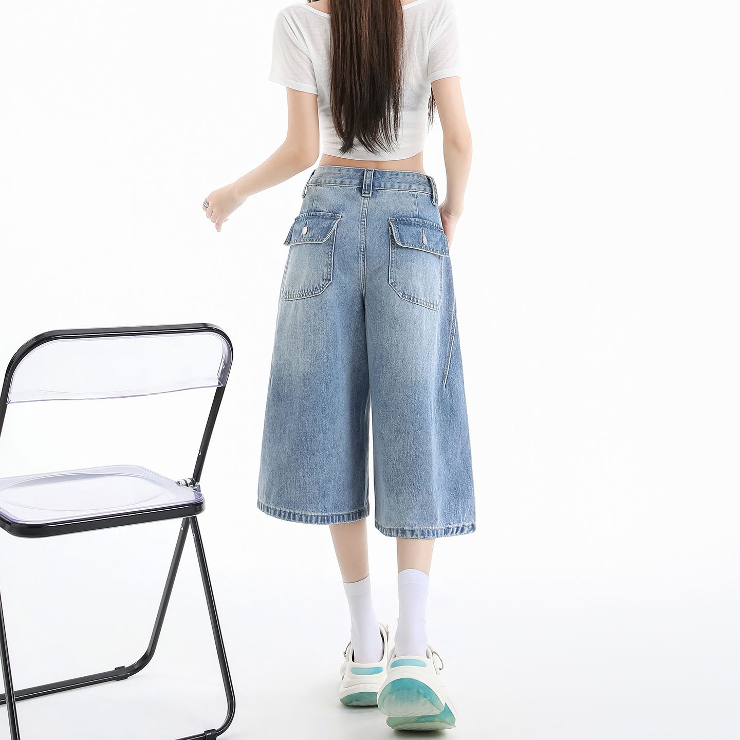 실사 청바지 여성 여름 개성 디자인 루즈핏 넓은 다리 높음 거리 작은 키 스트레이트 바지 여성