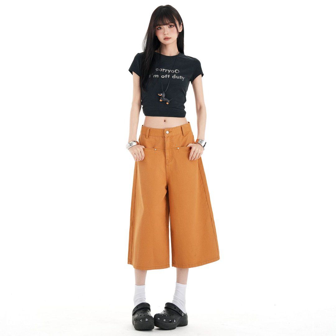 실사 아메리칸 레트로 이전 열기 가방 디자인 루즈핏 스트레이트 7 점 와이드 레깅스 바지
