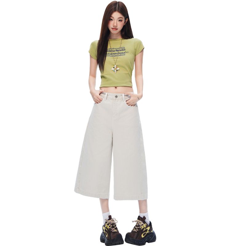 실사 아메리칸 거리 단색 고급 센스 넓은 다리 7부 바지 여성 루즈핏 슬림해 보이는 모통이 칼 워크웨어 팬츠