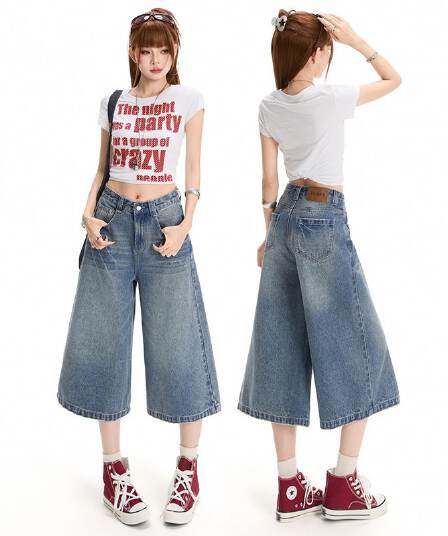실사 아메리칸 레트로 워싱 균열 7 점 스트레이트 청바지 여성 새로운 작은 키 루즈핏 바지