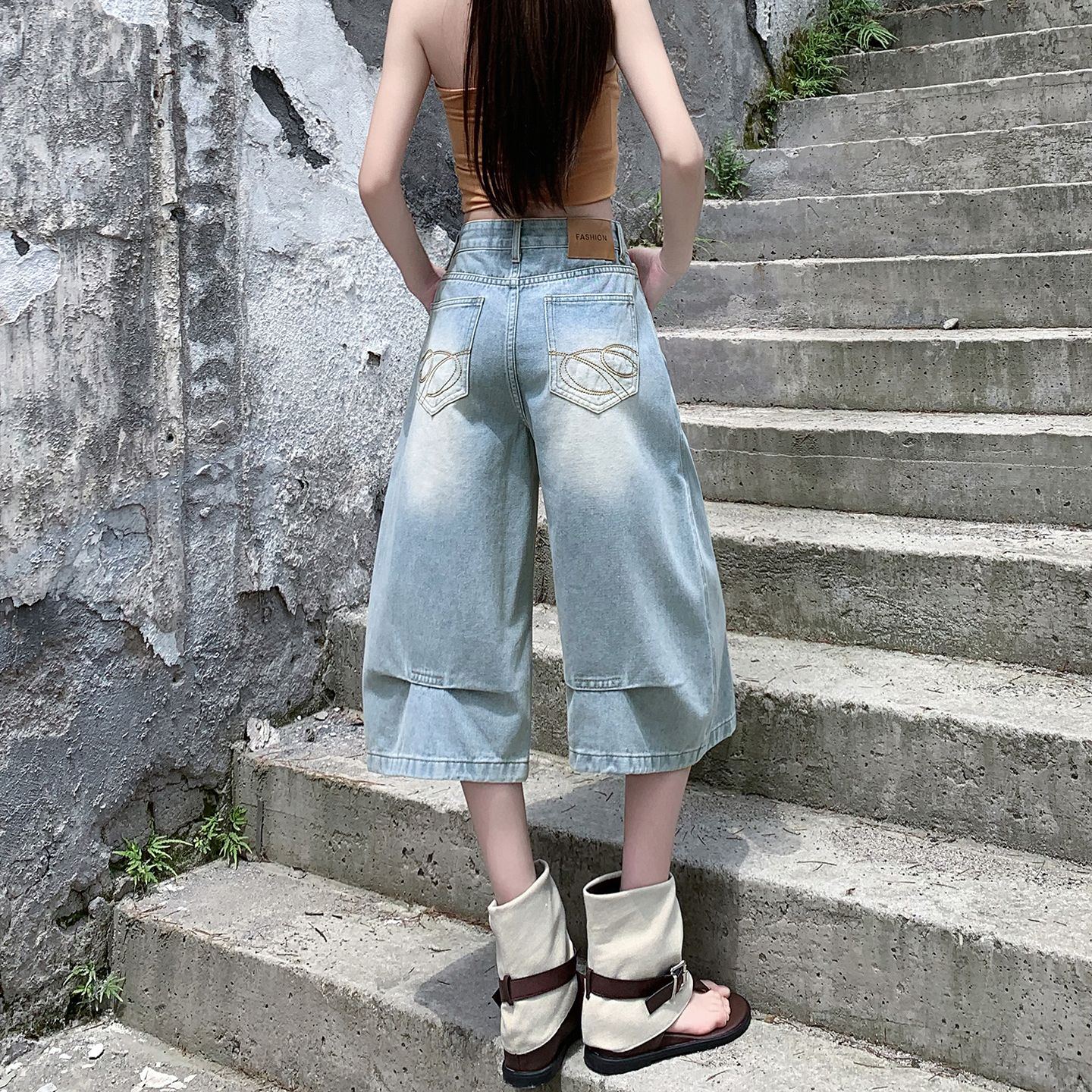 실사 아메리칸 루즈핏 데님 7부 바지 여름 개성 바지 루즈핏 넓은 다리 높음 거리 작은 키 바지 여성
