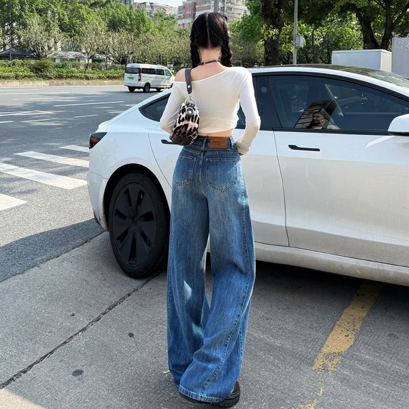 실사 ykk 밝은색 넓은 다리 청바지 여성 여름 새로운 하이웨이스트 루즈핏 슬림해 보이는 배 모양 몸 스트레이트 바지
