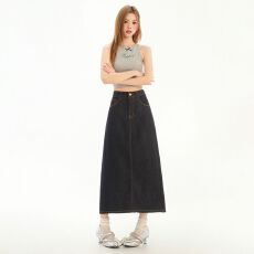 批发实拍 深蓝牛仔半身裙女2026新款原色开叉复古高腰a字长裙