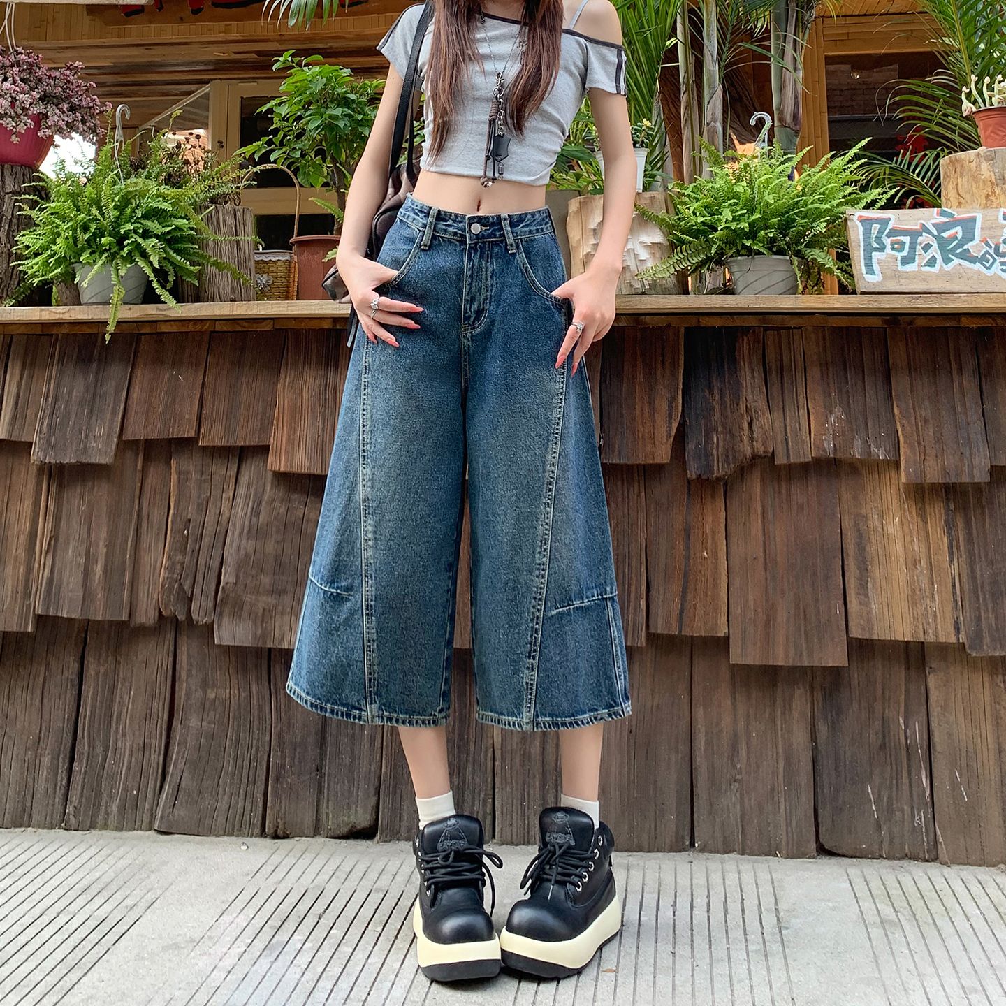 실사 패치워크 7 점 청바지 여름 개성 디자인 루즈핏 넓은 다리 높음 거리 작은 키 스트레이트 바지 여성