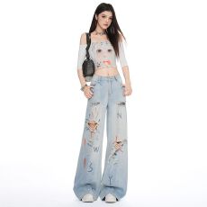批发实拍 印花重工艺阔腿裤<b class='q'>女</b>装牛仔裤直筒裤辣妹复古风牛仔裤<b class='q'>女</b>