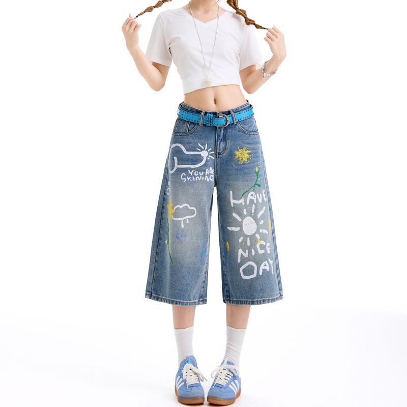 실사 만화 낙서 프린트 7 점 청바지 여성 루즈핏 슬림해 보이는 다용도 통기성 스트레이트 바지