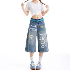 批发实拍 卡通涂鸦印花七分牛仔<b class='q'>裤</b>女宽松显瘦百搭透气直筒中<b class='q'>裤</b>