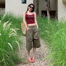 批发实拍 夏季新款 美式<b class='q'>水洗</b>系带抽绳多口袋工装七分休闲裤女