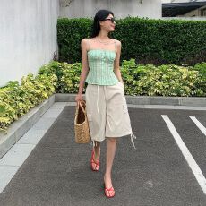 批发实拍 夏季新款 美式<b class='q'>水洗</b>系带抽绳多口袋工装五分休闲裤女