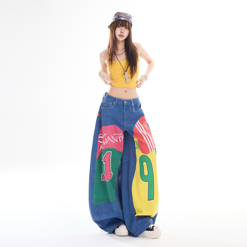 실사 2026 새로운 xs-2xl 프린트 데님 와이드 레그 팬츠
