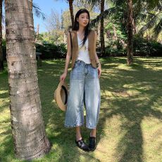 批发实拍 夏季新款 美式<b class='q'>复古</b>水洗解构设计感阔腿宽松七分牛仔裤女