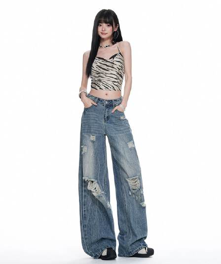 실사 아메리칸 찢어진 부분 데님 레트로 루즈핏 워싱 스트레이트 넓은 다리 바닥 청소 바지