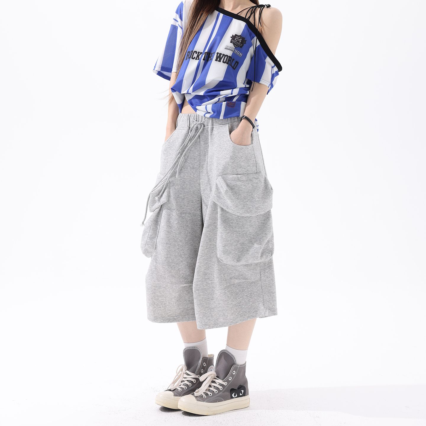 실사 캐주얼 신제품 느긋한 outfit 활력 와 힘 센스 회색 빅 포켓 별 바지