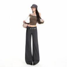 批发实拍 设计感低腰微喇<b class='q'>西装</b>裤女新款美式复古显瘦拖地裤