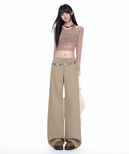 실사 아메리칸 느긋한 바람 카키 없음 허리 머리 디자인 청바지 2026 이른 가을 스트레이트 미니멀리즘 루즈핏 슬림해 보이는