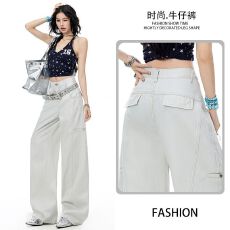 批发实拍 新款莱赛尔天丝棉美式复古阔腿<b class='q'>牛仔裤</b>女宽松拖地裤女