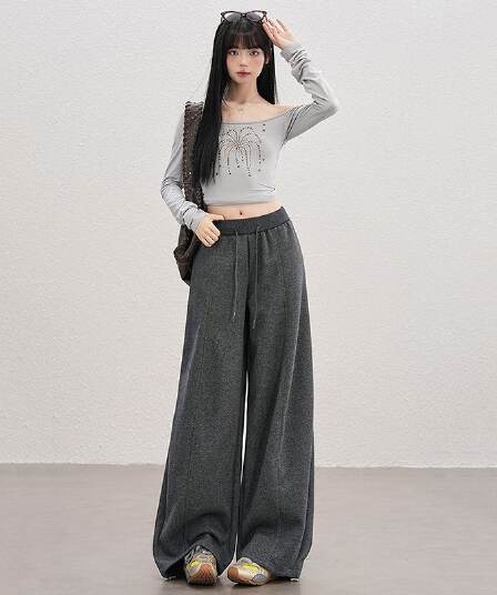 실사 고급 센스 가을 캐주얼 웨이 바지 여성 가을 겨울 새로운 루즈핏 넓은 다리 스트레이트 모통이 칼 니트 운동 바지