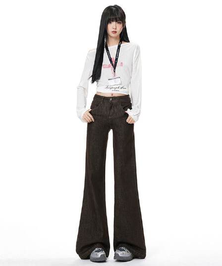 실사 아메리칸 단 닝 커피 색상 부츠컷 청바지 떨어지지 않음 색상 아니요 막대기 다리 캐주얼 루즈핏 스트레이트 플레어 바지