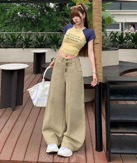 실사 커피 녹색 아메리칸 레트로 싱글 줄 버튼 청바지 여성 새로운 루즈핏 다용도 넓은 다리 길이 바지
