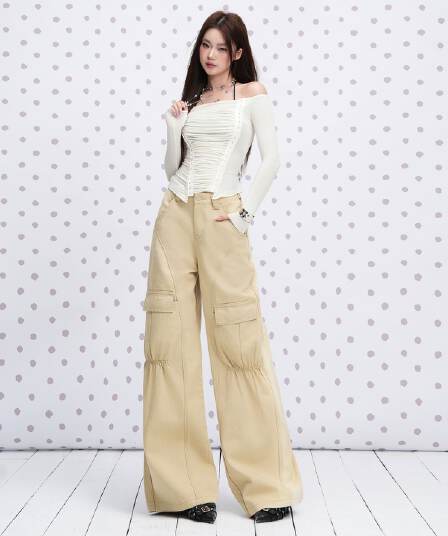 실사 카키 색 순면 Chic 펌프 Pleat 자르기 센스 청바지 여성 2026 년 다용도 캐주얼 워크웨어 팬츠
