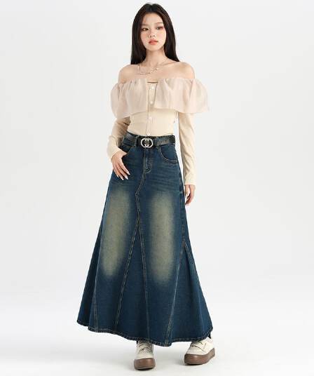 실사 데님 인어 꼬리 롱 스커트 깊은 노스탤지어 블루 패치워크 인어 꼬리 스커트 중간 길이 스커트 슈퍼 잘 생긴 한 부서 xs-xl