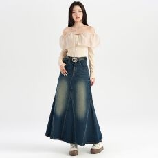 批发实拍 牛仔鱼尾长裙】深怀旧蓝拼接鱼尾裙中长裙超好看韩系 XS-XL
