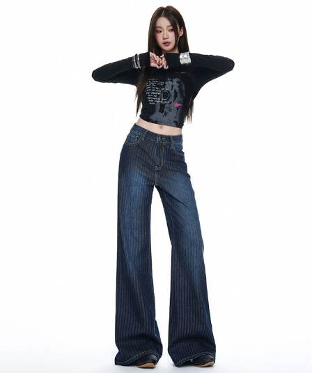 실사 가을 자카드 원단 청바지 루즈핏 튜브 라 나팔 바지 다용도 슬림해 보이는 디자인 센스 다리 길이 바지