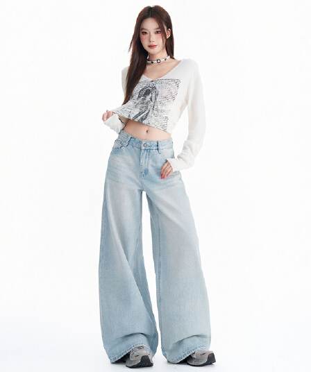 실사 2026 새로운 아메리칸 레트로 마 오래된 고양이 반드시 압력 주름 루즈핏 넓은 다리 청바지 여성