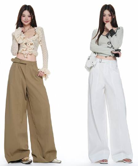 실사 레트로 카키 색 하이웨이스트 미니멀리즘 넓은 다리 캐주얼 바지 한 부서 새로운 도루 센스 다용도 루즈핏 정장 바지
