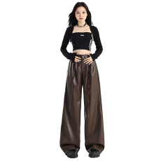 批发实拍 咖色阔腿皮裤女2026年秋冬新款美拉德PU皮直筒休闲拖地裤