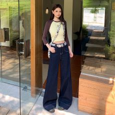 批发实拍 单宁蓝不贴腿微喇牛仔裤女秋季<b class='q'>高腰</b>遮肉大喇叭裤