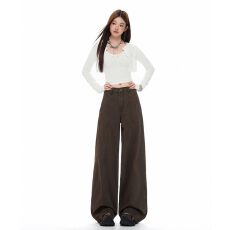 批发实拍 新款咖色美式复古辣妹分割<b class='q'>牛仔裤</b>女直筒显瘦宽松阔腿长裤