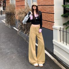 批发实拍 送腰带 卡其色牛仔裤女秋季<b class='q'>高腰</b>休闲宽松阔腿拖地裤