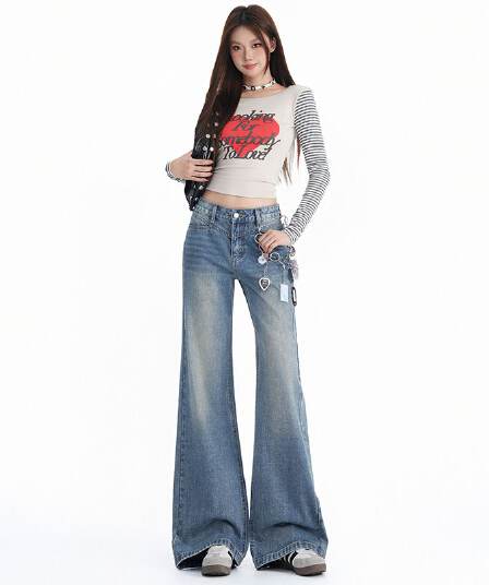 실사 가을 의상 새로운 없음 폭탄 나팔 바지 루즈핏 캐주얼 여성 의류 청바지 마이크로 나팔 바지