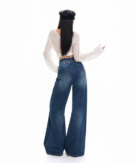 실사 가을 겨울철 새로운 아메리칸 이후 가방 자수 꾸밈음 고유 한 허리 머리 디자인 넓은 다리 청바지 여성