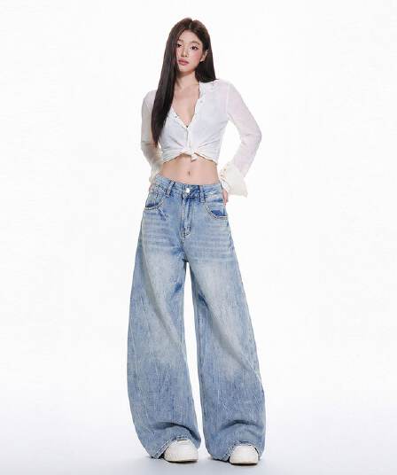 실사 아메리칸 레트로 무거운 작업 워싱 모통이 칼 바지 새로운 패션 다용도 슬림해 보이는 루즈핏 넓은 다리 청바지