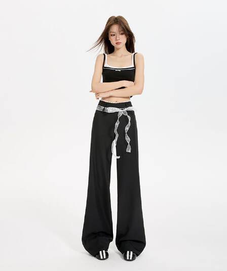 실사 검정색 아메리칸 레이스업 와이드 레그 팬츠 2025 여름 새로운 루즈핏 자수 로우 웨이스트 캐주얼 부츠컷 긴 바지