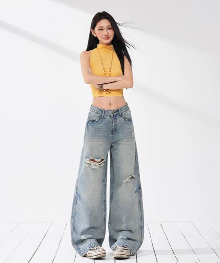 실사 이른 가을 찢어진 부분 레트로 루즈핏 와이드 레그 팬츠 트렌디 차가운 모통이 칼 루즈핏 청바지 여성