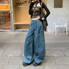 实拍 复古水洗抽绳阔腿牛仔裤女新款高腰宽松工装显瘦长裤子