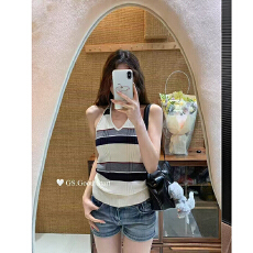 批发韩系ins风休闲<b class='q'>百搭</b>撞色条纹挂脖修身针织背心女2025夏季辣妹上衣