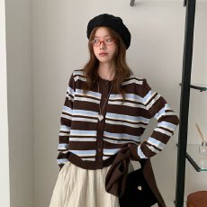 韩系复古色系撞色条纹休闲风毛衣开衫女气质百搭显瘦圆领外套上衣