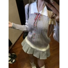 批发韩系辣妹蝴蝶结学院风撞色翻领长袖<b class='q'>针织</b>衫女2025秋冬季蝴蝶结