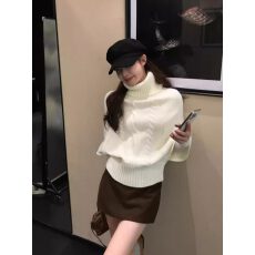 批发复古麻花高领毛衣女秋季新款2025蝙蝠袖慵懒针织衫外穿